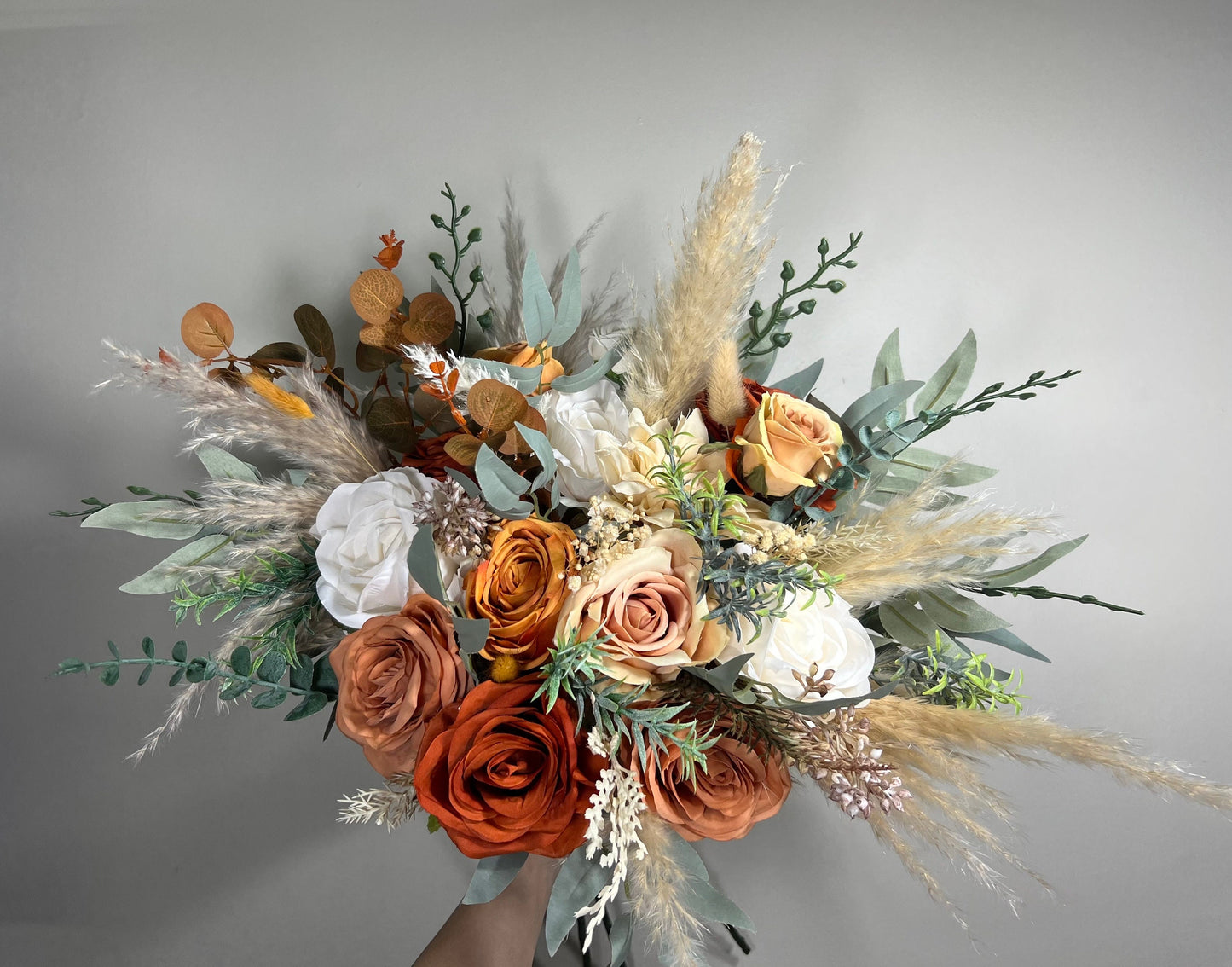 Wedding Bouquet Terracotta Rust Burnt Orange Bouquet Bridal Ivory Fall Eucalyptus Baby Breath Cinnamon Rose Pampas Grass Artificial Flower