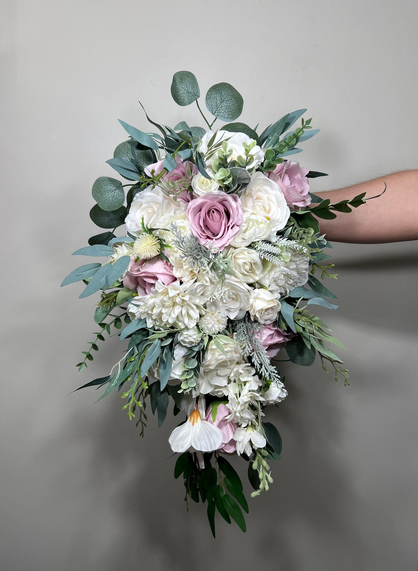 Wedding Bouquet Cascade Lavender Bridesmaids Purple Bridal Lilac Cascading Lavender Bouquet White Eucalyptus Artificial Flower Mauve
