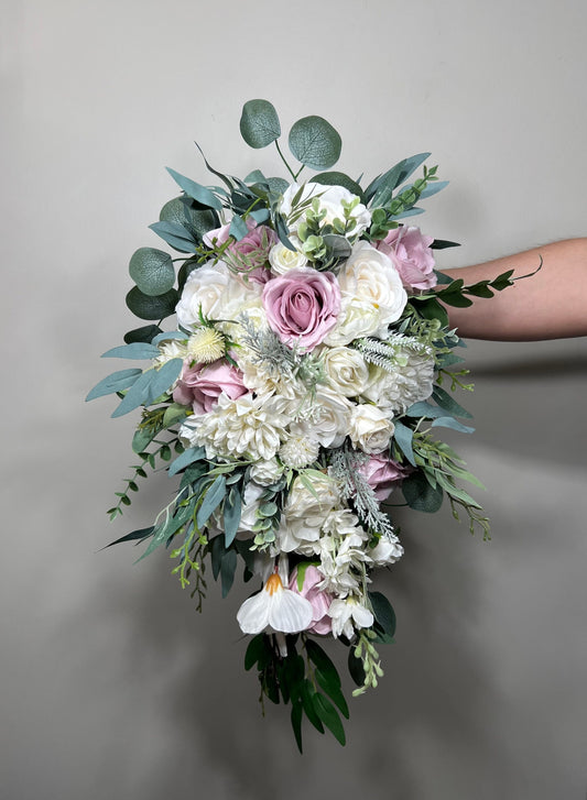 Wedding Bouquet Cascade Lavender Bridesmaids Purple Bridal Lilac Cascading Lavender Bouquet White Eucalyptus Artificial Flower Mauve