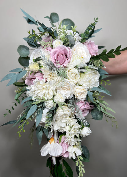 Wedding Bouquet Cascade Lavender Bridesmaids Purple Bridal Lilac Cascading Lavender Bouquet White Eucalyptus Artificial Flower Mauve