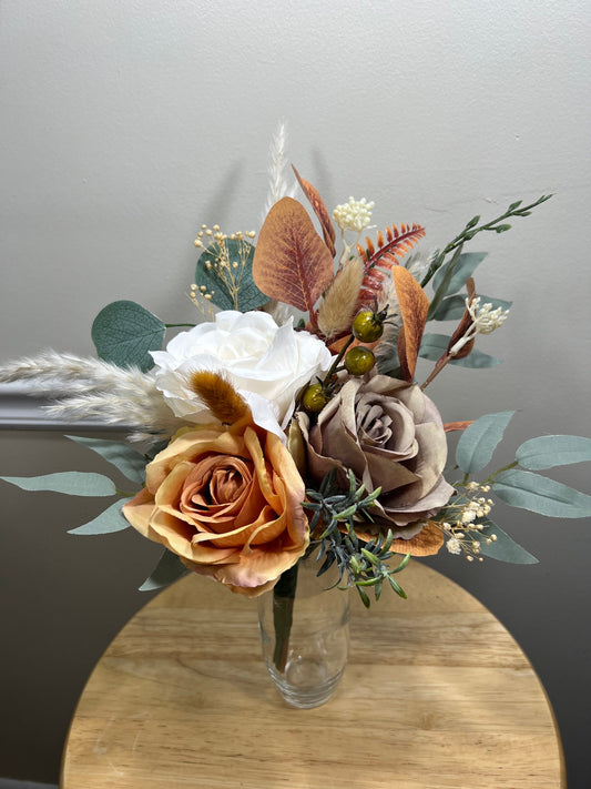 Wedding Centerpiece 3 Flowers Terracotta Boho Table Decor Burnt Orange Brown Cinnamon Small Centerpiece White Greenery Pampas Eucalyptus