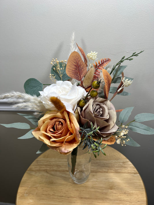 Wedding Centerpiece 3 Flowers Terracotta Boho Table Decor Burnt Orange Brown Cinnamon Small Centerpiece White Greenery Pampas Eucalyptus