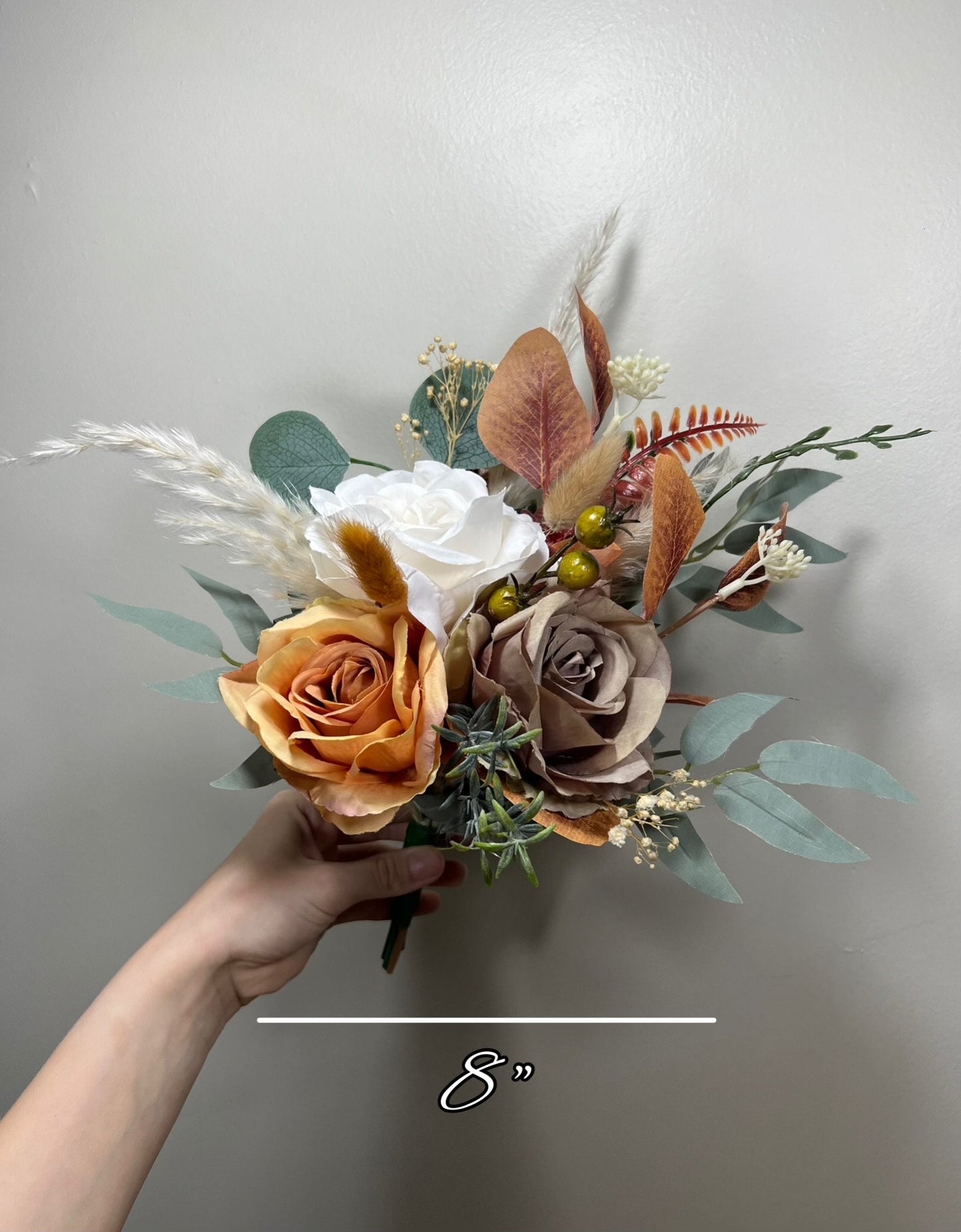 Wedding Centerpiece 3 Flowers Terracotta Boho Table Decor Burnt Orange Brown Cinnamon Small Centerpiece White Greenery Pampas Eucalyptus