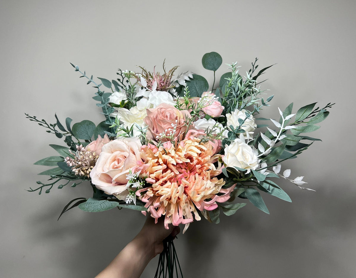 Wedding Bouquet Dusty Rose Bridal Blush Dahlia Wedding Bouquet Ivory Bridesmaids Decor Eucalyptus Pink Flower White Spring Artificial Flower