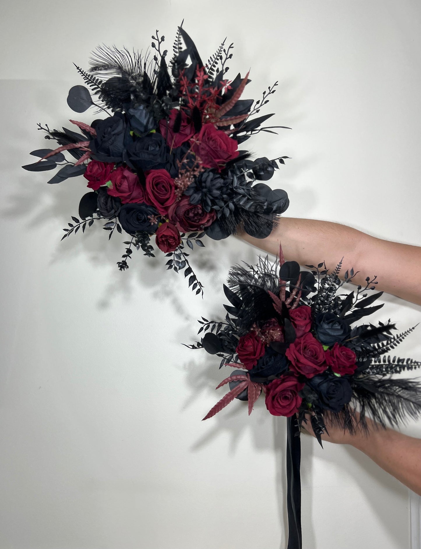 Wedding Bouquet Black Ostrich Feathers Burgundy Bridal Gothic Wedding Halloween Bouquet Bridesmaids Black Decor Burgundy Artificial Flowers