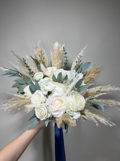 Wedding White Bouquet Boho Bridal Ivory Bouquet Pampas Grass Bridesmaids White Bouquet Decor Eucalyptus Ivory Greenery Artificial Flower