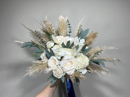 Wedding White Bouquet Boho Bridal Ivory Bouquet Pampas Grass Bridesmaids White Bouquet Decor Eucalyptus Ivory Greenery Artificial Flower