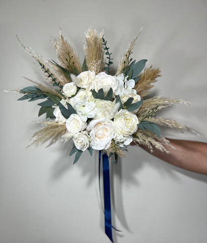 Wedding White Bouquet Boho Bridal Ivory Bouquet Pampas Grass Bridesmaids White Bouquet Decor Eucalyptus Ivory Greenery Artificial Flower