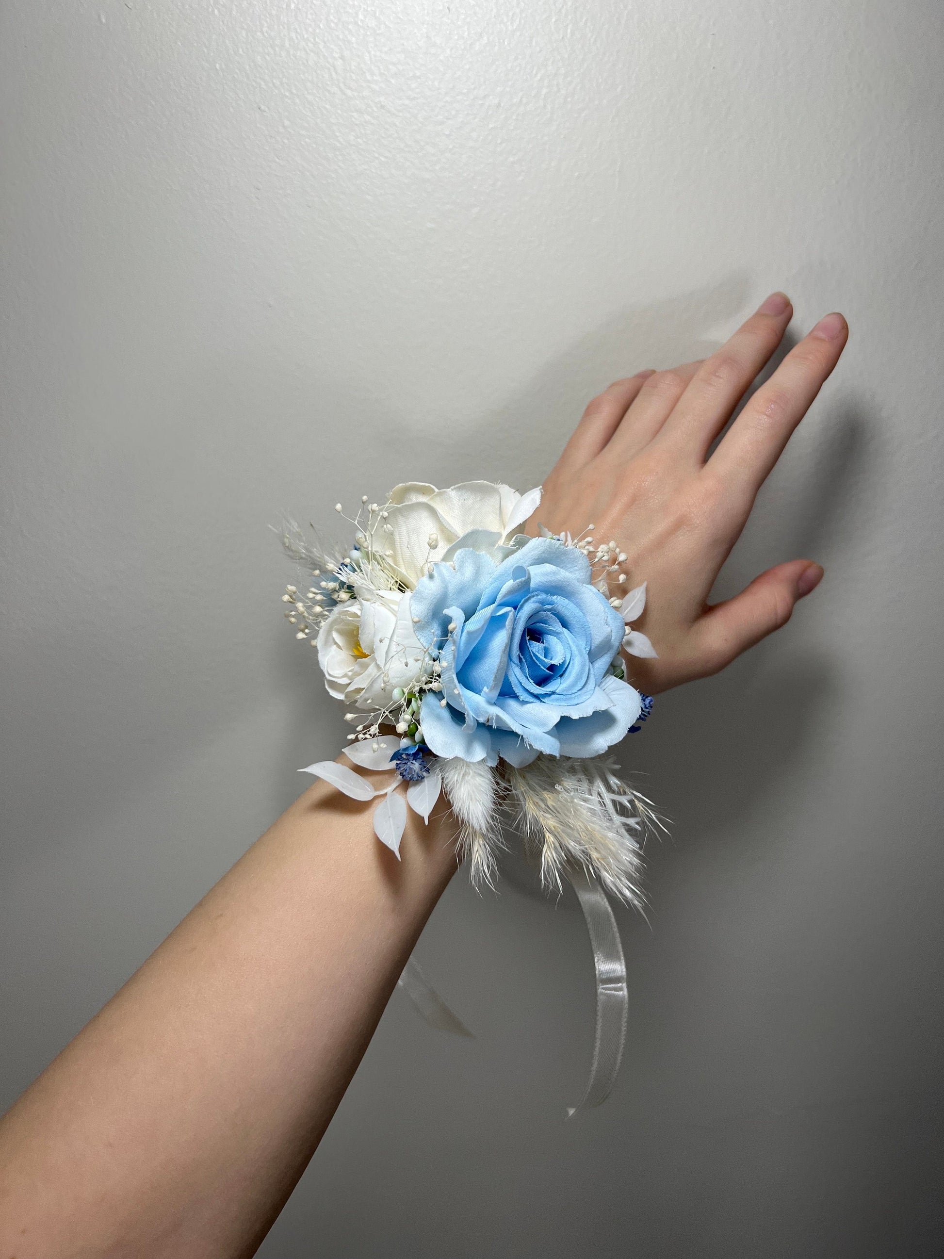 Wedding Bouquet Dusty Blue Sky Bridal Boho Bouquet Palms Leaves Wedding Royal Blue Baby White Pampas Grass Bouquet Artificial Flower Winter