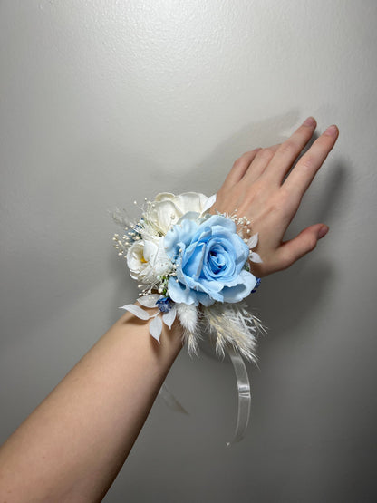 Wedding Bouquet Dusty Blue Sky Bridal Boho Bouquet Palms Leaves Wedding Royal Blue Baby White Pampas Grass Bouquet Artificial Flower Winter