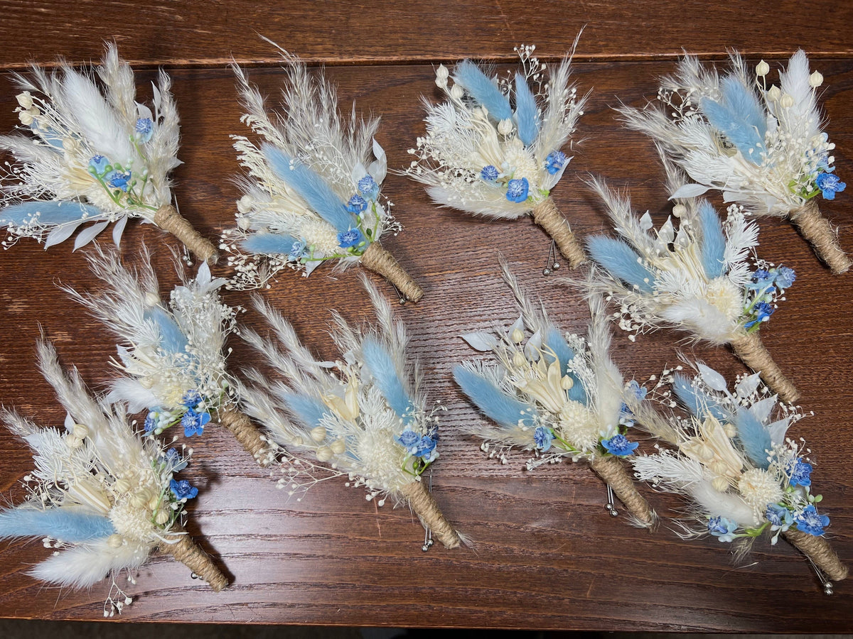 Wedding Bouquet Dusty Blue Sky Bridal Boho Bouquet Palms Leaves Wedding Royal Blue Baby White Pampas Grass Bouquet Artificial Flower Winter