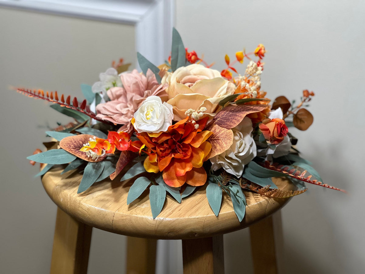 Wedding Centerpiece Terracotta Table Decor White Centerpiece Burnt Orange Table Rust Centerpiece Eucalyptus Gold Vase Artificial Flower