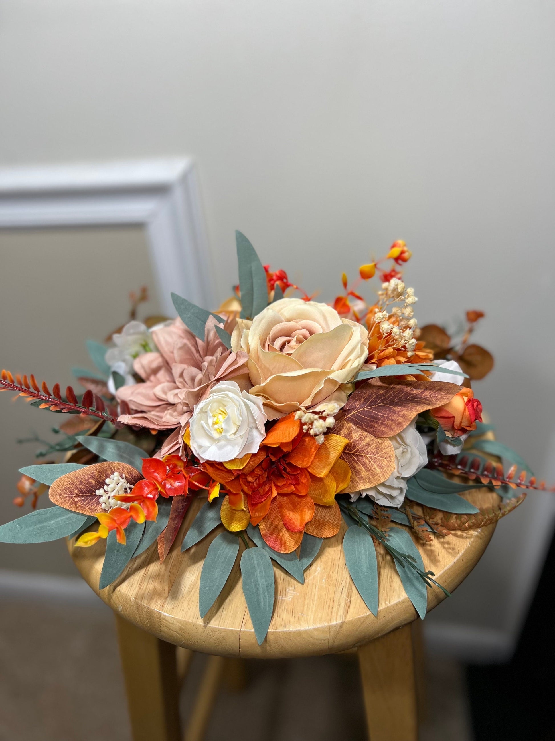 Wedding Centerpiece Terracotta Table Decor White Centerpiece Burnt Orange Table Rust Centerpiece Eucalyptus Gold Vase Artificial Flower