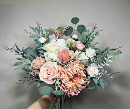 Wedding Bouquet Dusty Rose Bridal Blush Dahlia Wedding Bouquet Ivory Bridesmaids Decor Eucalyptus Pink Flower White Spring Artificial Flower