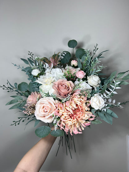 Wedding Bouquet Dusty Rose Bridal Blush Dahlia Wedding Bouquet Ivory Bridesmaids Decor Eucalyptus Pink Flower White Spring Artificial Flower