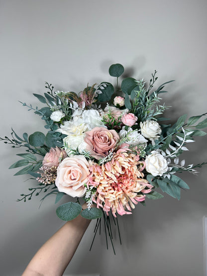 Wedding Bouquet Dusty Rose Bridal Blush Dahlia Wedding Bouquet Ivory Bridesmaids Decor Eucalyptus Pink Flower White Spring Artificial Flower