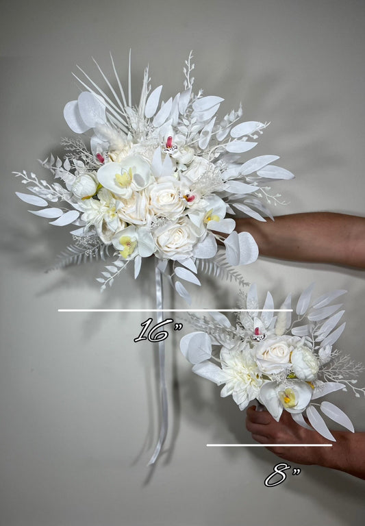 Wedding Bouquet White Bridal Orchid Wedding Ivory Bouquet Bridesmaids Orchid Decor Tropical Eucalyptus Fern White Rose Artificial Flower