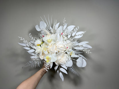 Wedding Bouquet White Bridal Orchid Wedding Ivory Bouquet Bridesmaids Orchid Decor Tropical Eucalyptus Fern White Rose Artificial Flower