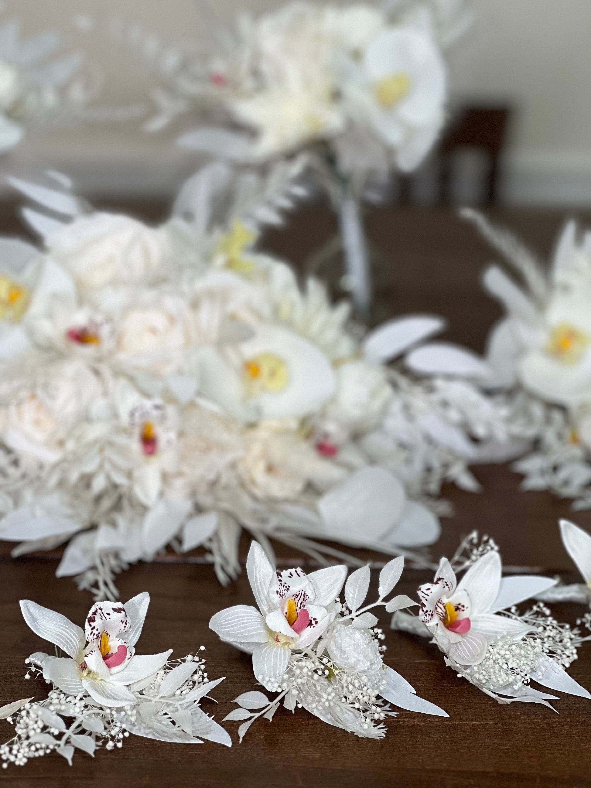 Wedding Bouquet White Bridal Orchid Wedding Ivory Bouquet Bridesmaids Orchid Decor Tropical Eucalyptus Fern White Rose Artificial Flower