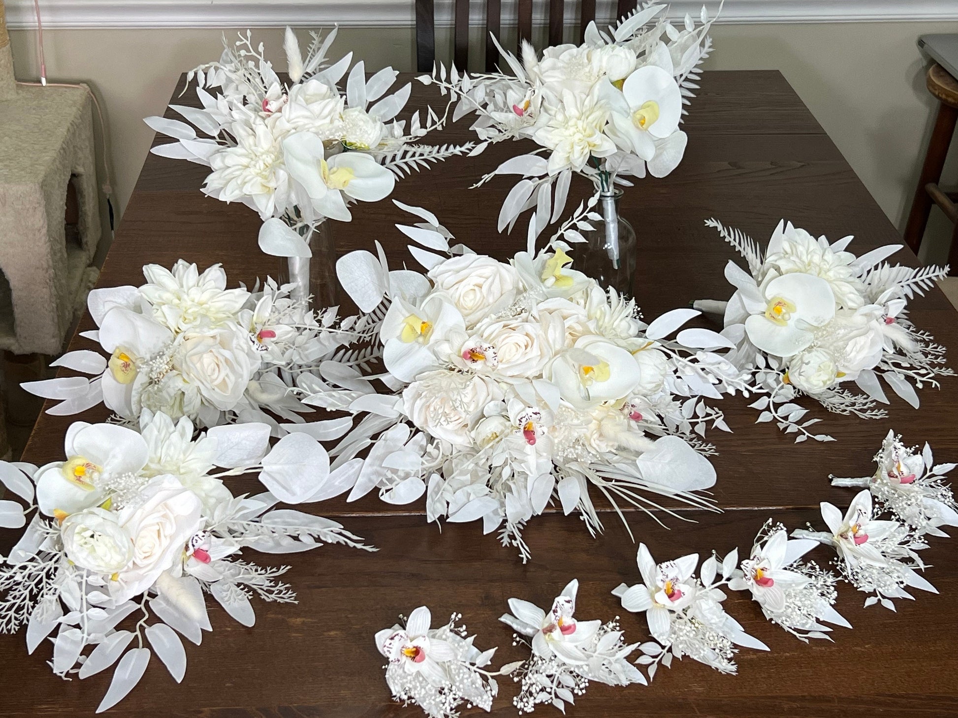 Wedding Bouquet White Bridal Orchid Wedding Ivory Bouquet Bridesmaids Orchid Decor Tropical Eucalyptus Fern White Rose Artificial Flower