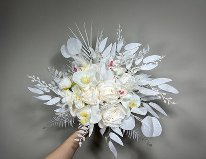 Wedding Bouquet White Bridal Orchid Wedding Ivory Bouquet Bridesmaids Orchid Decor Tropical Eucalyptus Fern White Rose Artificial Flower