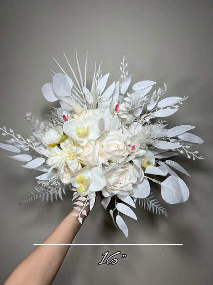 Wedding Bouquet White Bridal Orchid Wedding Ivory Bouquet Bridesmaids Orchid Decor Tropical Eucalyptus Fern White Rose Artificial Flower