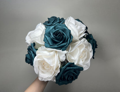 Wedding Teal Blue Bouquet White Bridal Turquoise Bridesmaids Bouquet Gold Teal Ivory Artificial Flowers Emerland Green Bouquet Dark Teal