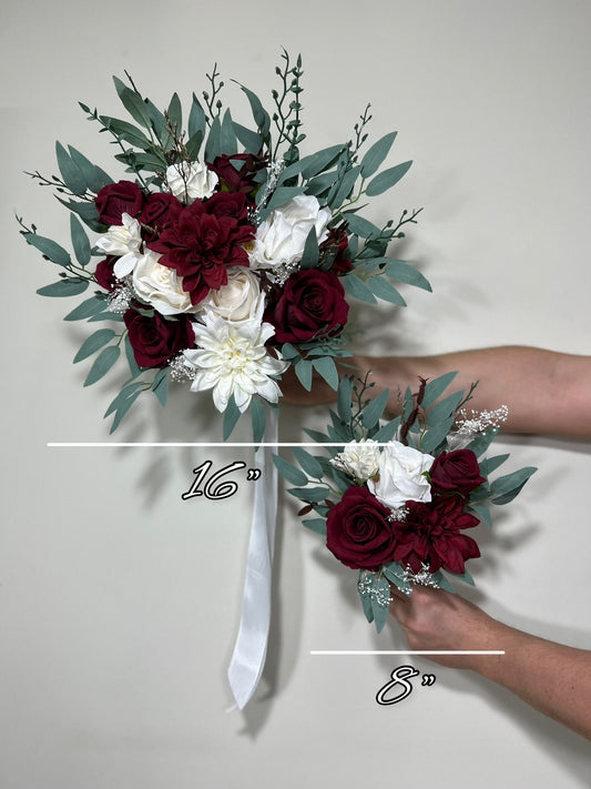 Wedding Bouquet Burgundy Bridal Red Rustic Bouquet Burgundy Bridesmaids White Christmas Bouquet Eucalyptus Dahlia Ivory Artificial Flowers