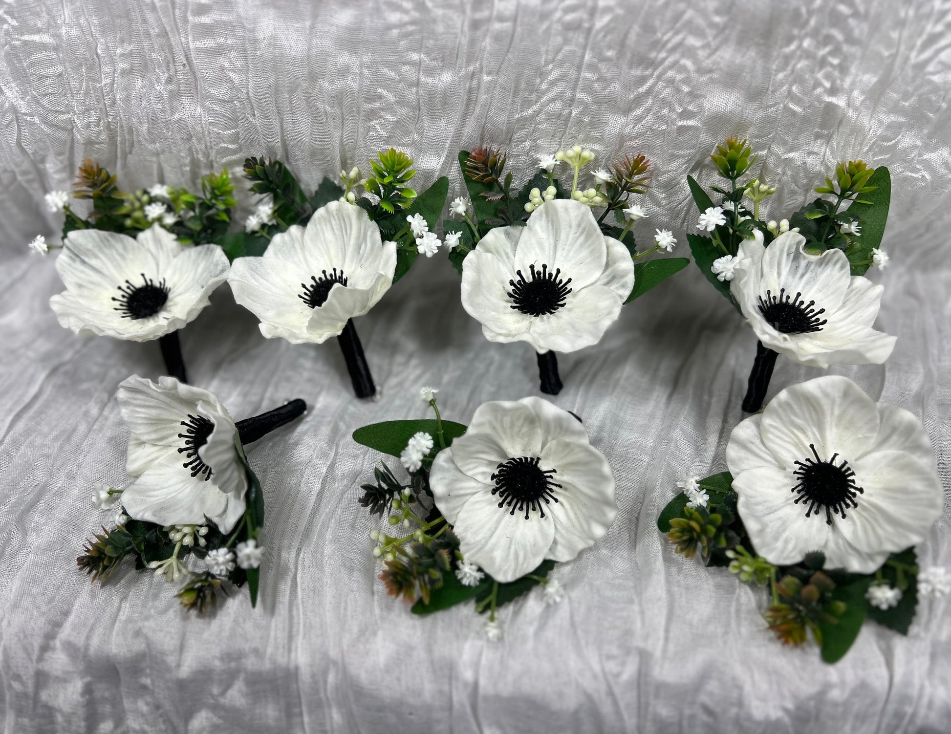 White Black Bouquet Wedding Cascade Anemone Bouquet White Cascading Bouquet Bridesmaids Black White Anemone Bouquet Greenery Artificial