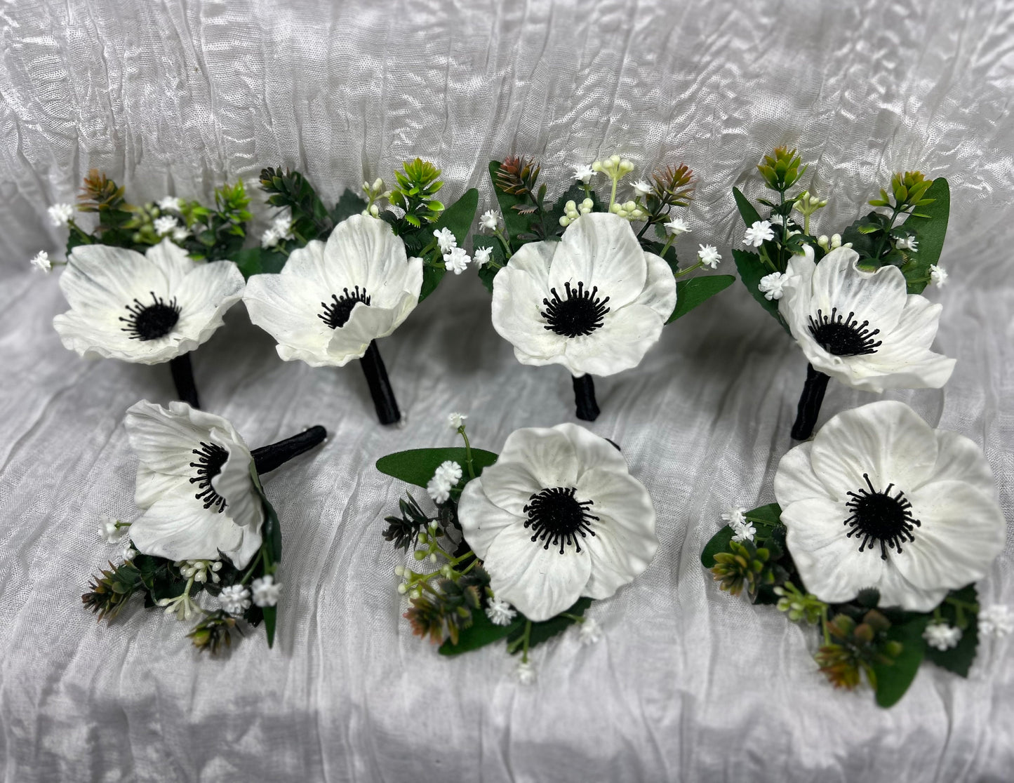 White Black Bouquet Wedding Cascade Anemone Bouquet White Cascading Bouquet Bridesmaids Black White Anemone Bouquet Greenery Artificial