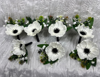 White Black Bouquet Wedding Cascade Anemone Bouquet White Cascading Bouquet Bridesmaids Black White Anemone Bouquet Greenery Artificial