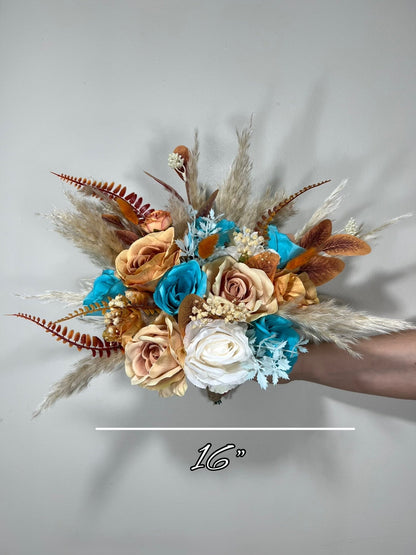 Wedding Bouquet Terracotta Turquoise Cascade Boho Bridal Rust Wedding Cascading Burnt Orange Cinnamon Decor Artificial Flower Fall