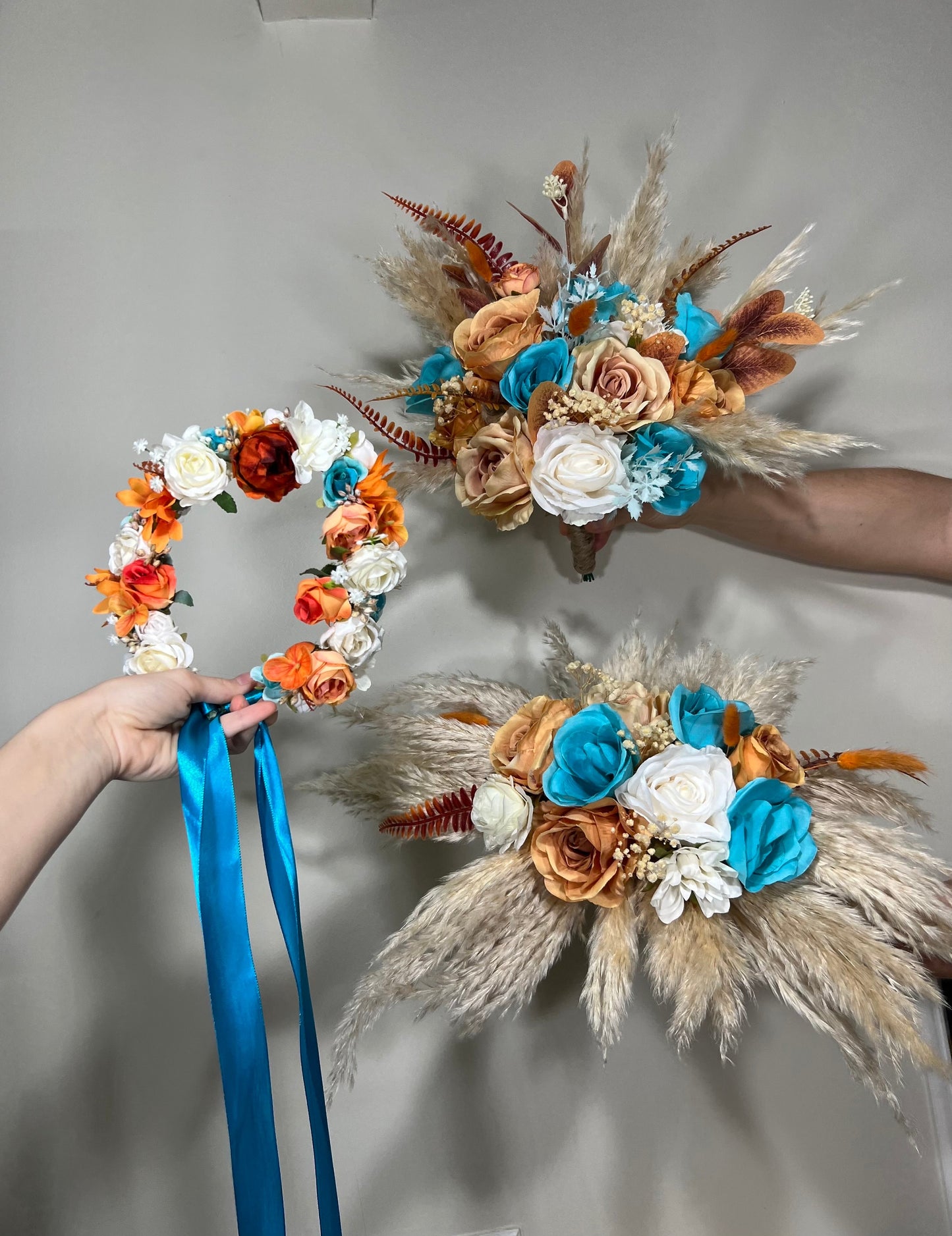 Wedding Bouquet Terracotta Turquoise Cascade Boho Bridal Rust Wedding Cascading Burnt Orange Cinnamon Decor Artificial Flower Fall