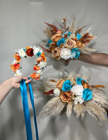 Wedding Bouquet Terracotta Turquoise Cascade Boho Bridal Rust Wedding Cascading Burnt Orange Cinnamon Decor Artificial Flower Fall