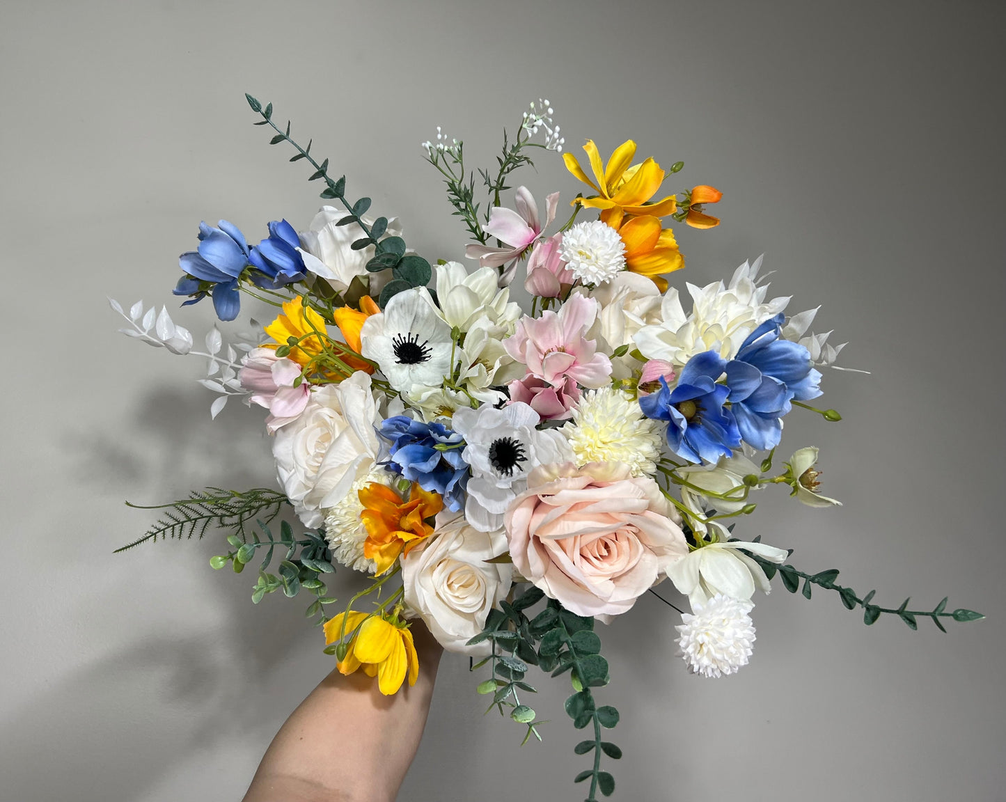 Wedding Bouquet Wild Flower Bridal White Bouquet Pink Blush Dusty Blue Bridesmaids Bouquet Poppy Spring Summer Anemone Artificial Flower