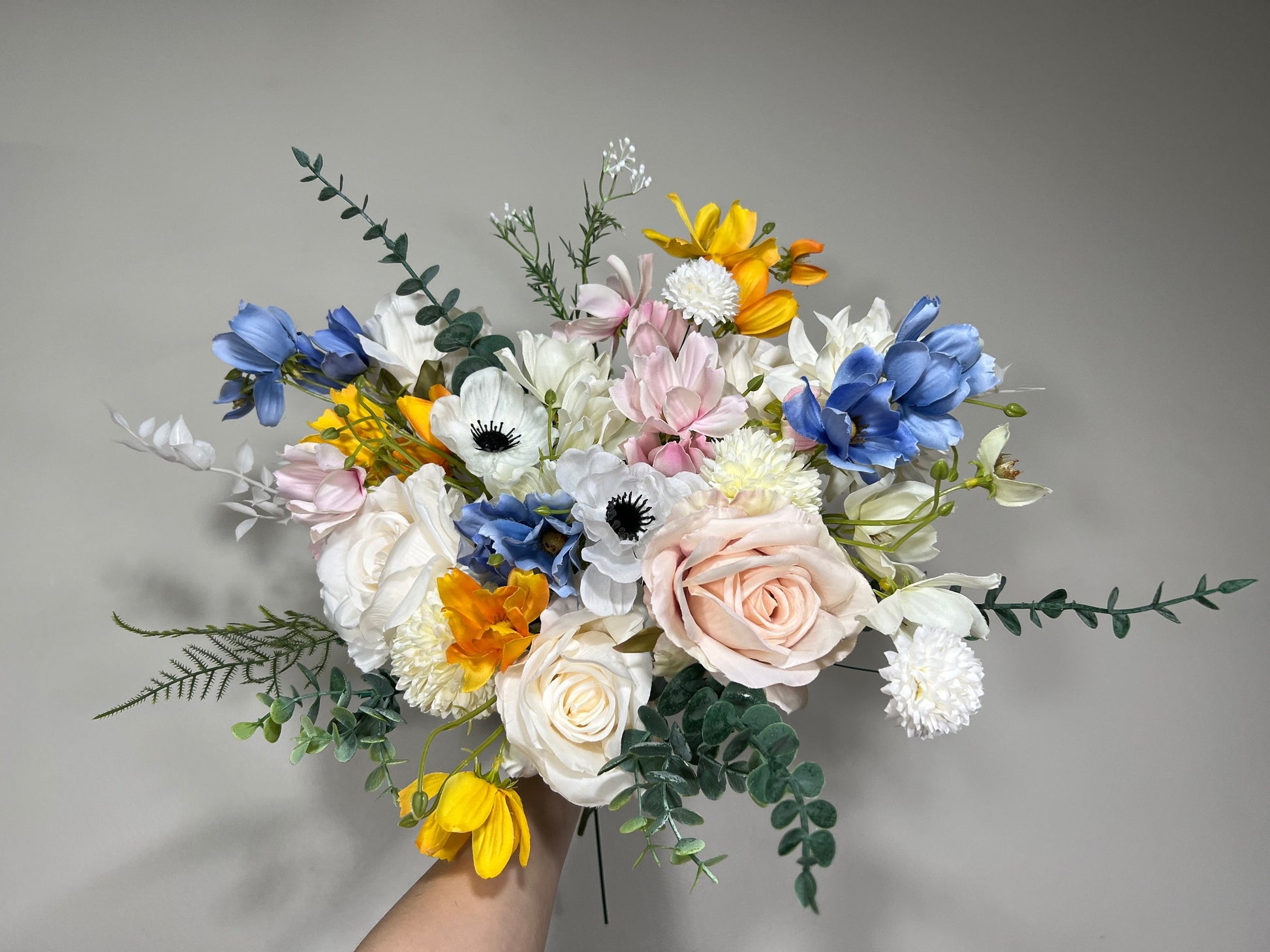 Wedding Bouquet Wild Flower Bridal White Bouquet Pink Blush Dusty Blue Bridesmaids Bouquet Poppy Spring Summer Anemone Artificial Flower