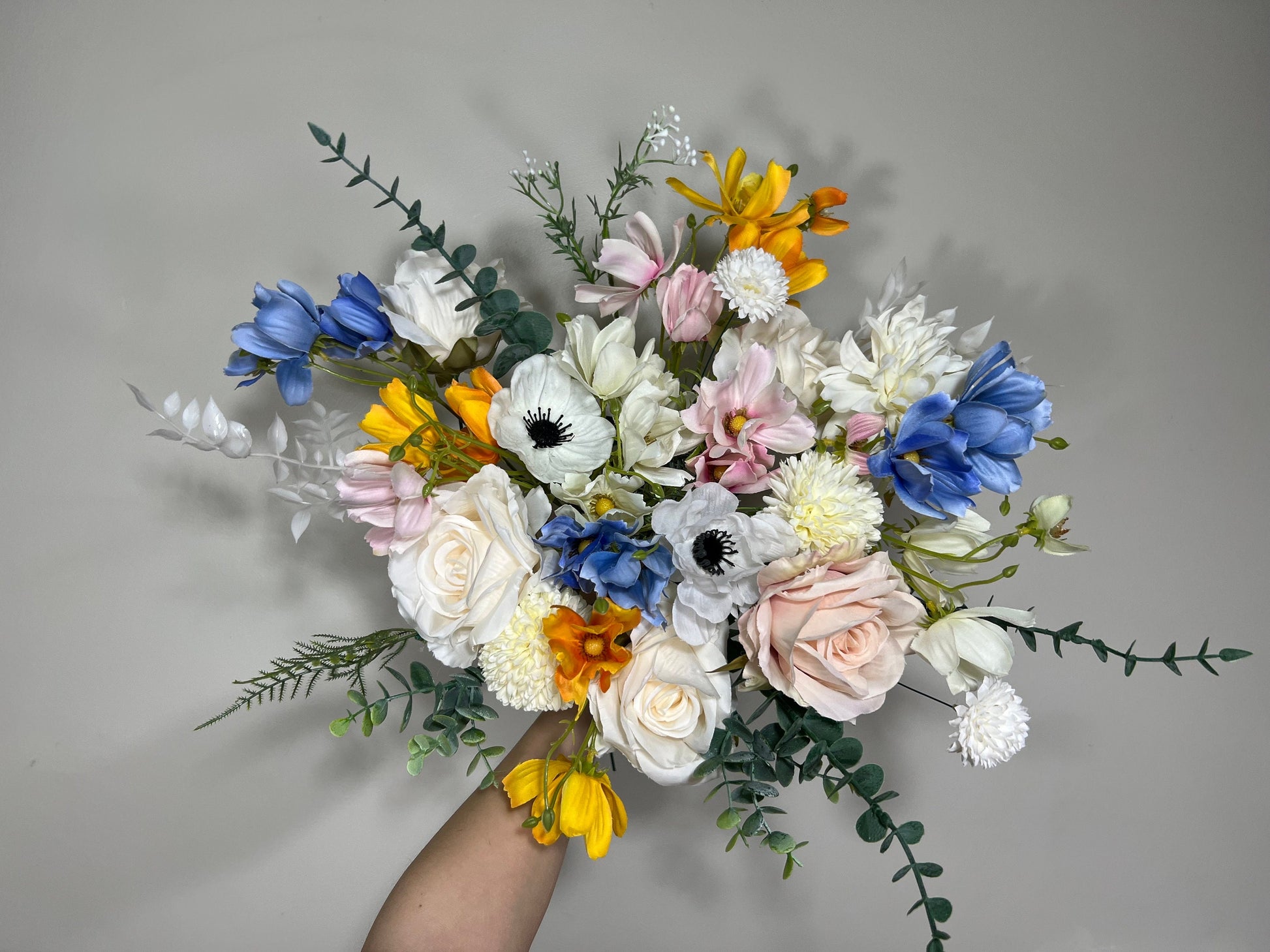 Wedding Bouquet Wild Flower Bridal White Bouquet Pink Blush Dusty Blue Bridesmaids Bouquet Poppy Spring Summer Anemone Artificial Flower