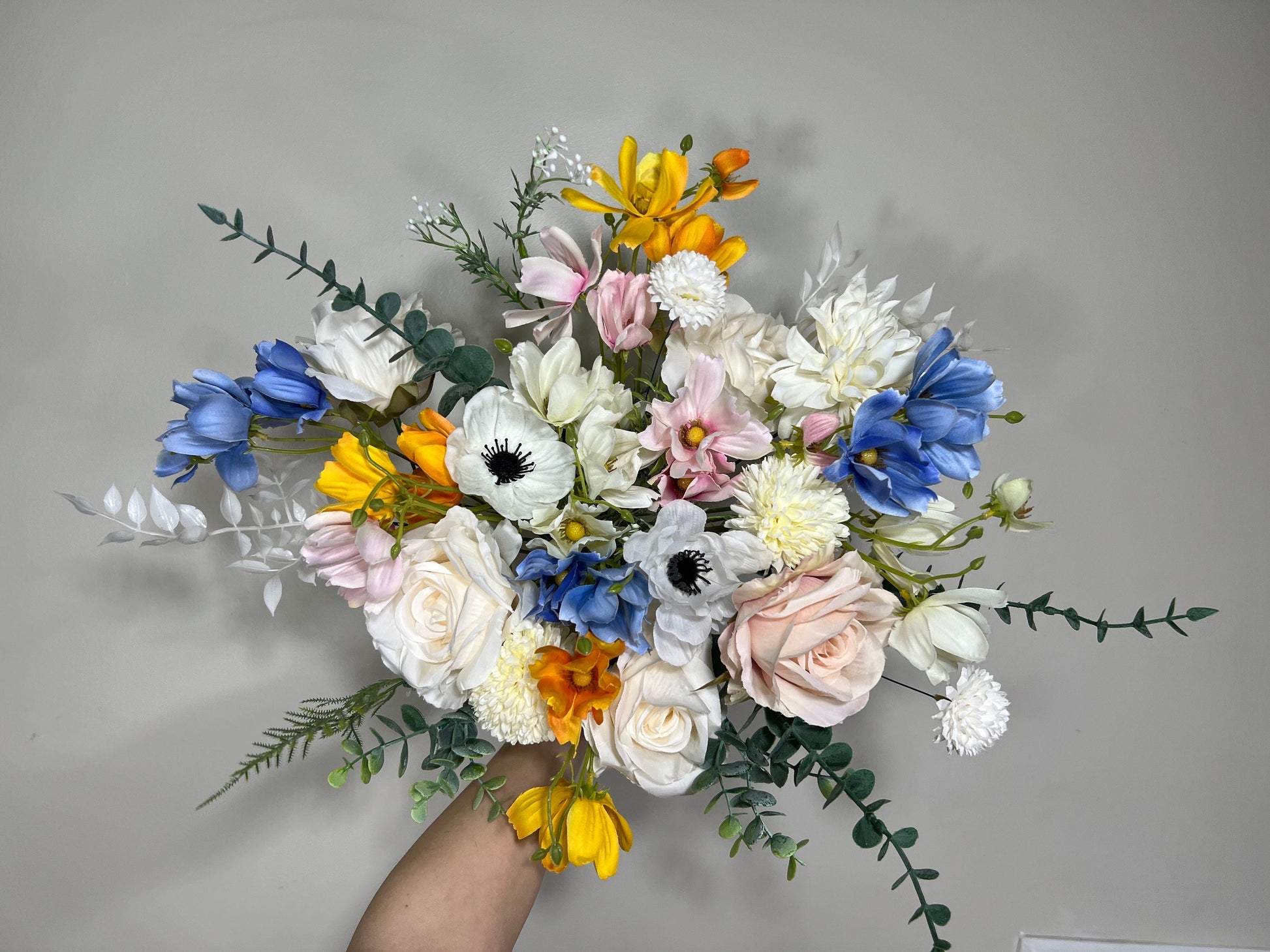Wedding Bouquet Wild Flower Bridal White Bouquet Pink Blush Dusty Blue Bridesmaids Bouquet Poppy Spring Summer Anemone Artificial Flower