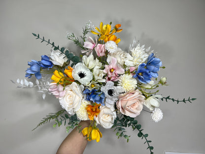 Wedding Bouquet Wild Flower Bridal White Bouquet Pink Blush Dusty Blue Bridesmaids Bouquet Poppy Spring Summer Anemone Artificial Flower