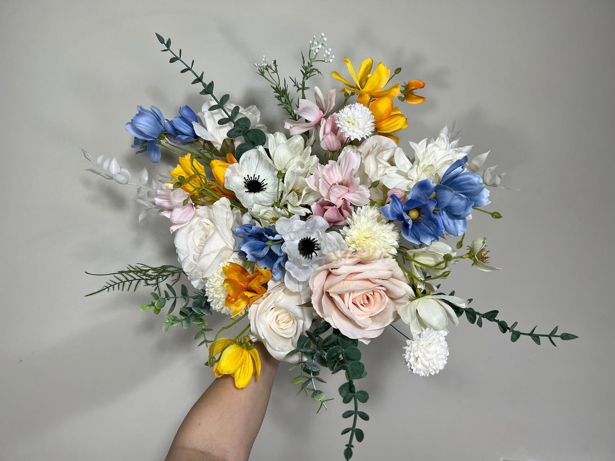 Wedding Bouquet Wild Flower Bridal White Bouquet Pink Blush Dusty Blue Bridesmaids Bouquet Poppy Spring Summer Anemone Artificial Flower