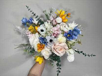 Wedding Bouquet Wild Flower Bridal White Bouquet Pink Blush Dusty Blue Bridesmaids Bouquet Poppy Spring Summer Anemone Artificial Flower