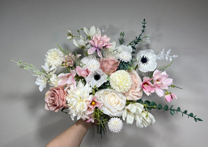 Wedding Dusty Rose Bouquet Wild Flower Bridal White Bouquet Pink Blush Bridesmaids Bouquet Spring Summer Anemone Artificial Flower Poppy