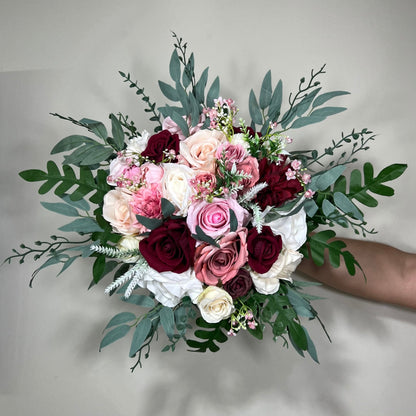 Wedding Bouquet Burgundy Pink Bridal Wedding Rustic Bouquet Dusty Rose Bridesmaids White Eucalyptus Handmade Pink Wild Flower Artificial