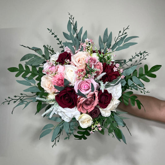 Wedding Bouquet Burgundy Pink Bridal Wedding Rustic Bouquet Dusty Rose Bridesmaids White Eucalyptus Handmade Pink Wild Flower Artificial