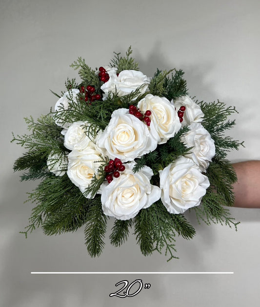 Wedding Christmas Bouquet Winter Bridal White Rustic Bridesmaids Bouquet Christmas Tree Pine Red Berries Artificial Flowers Winter Ivory
