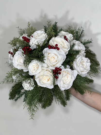 Wedding Christmas Bouquet Winter Bridal White Rustic Bridesmaids Bouquet Christmas Tree Pine Red Berries Artificial Flowers Winter Ivory