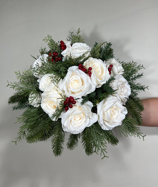 Wedding Christmas Bouquet Winter Bridal White Rustic Bridesmaids Bouquet Christmas Tree Pine Red Berries Artificial Flowers Winter Ivory