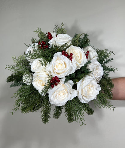 Wedding Christmas Bouquet Winter Bridal White Rustic Bridesmaids Bouquet Christmas Tree Pine Red Berries Artificial Flowers Winter Ivory