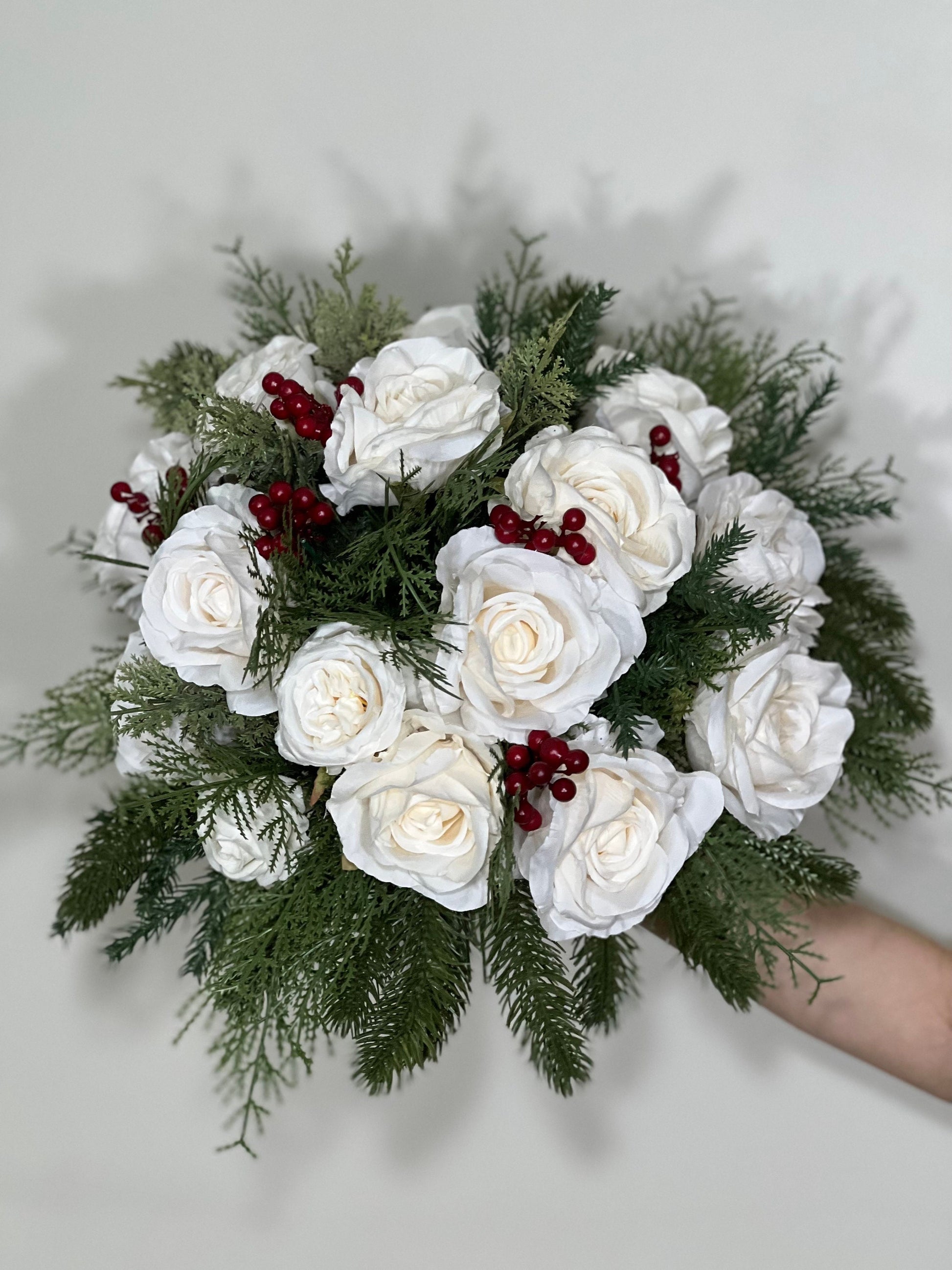 Wedding Christmas Bouquet Winter Bridal White Rustic Bridesmaids Bouquet Christmas Tree Pine Red Berries Artificial Flowers Winter Ivory