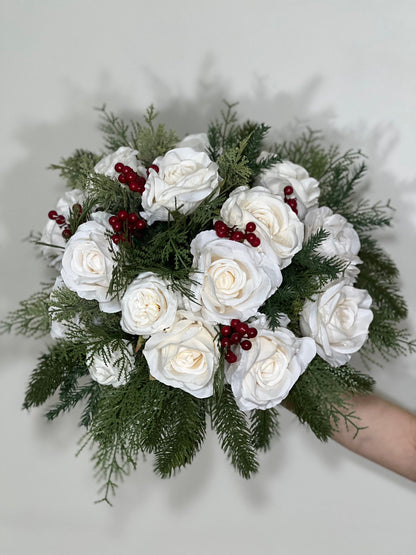 Wedding Christmas Bouquet Winter Bridal White Rustic Bridesmaids Bouquet Christmas Tree Pine Red Berries Artificial Flowers Winter Ivory